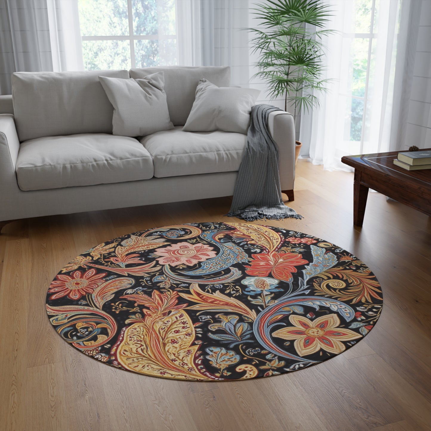 Retro Paisley Round Area Rug, Funky, Colorful Cool Unique Area Rugs, Unique 60" Round Rug, Custom Print Available