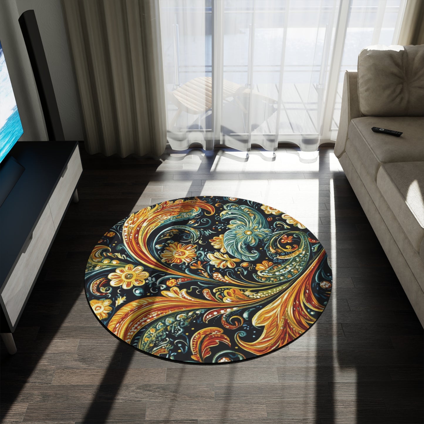 Retro Gustav Klimt Inspired Round Paisley Area Rug, Funky, Colorful & Unique Area Rugs, Unique 60" Round Rug, Woodland Forest Rug