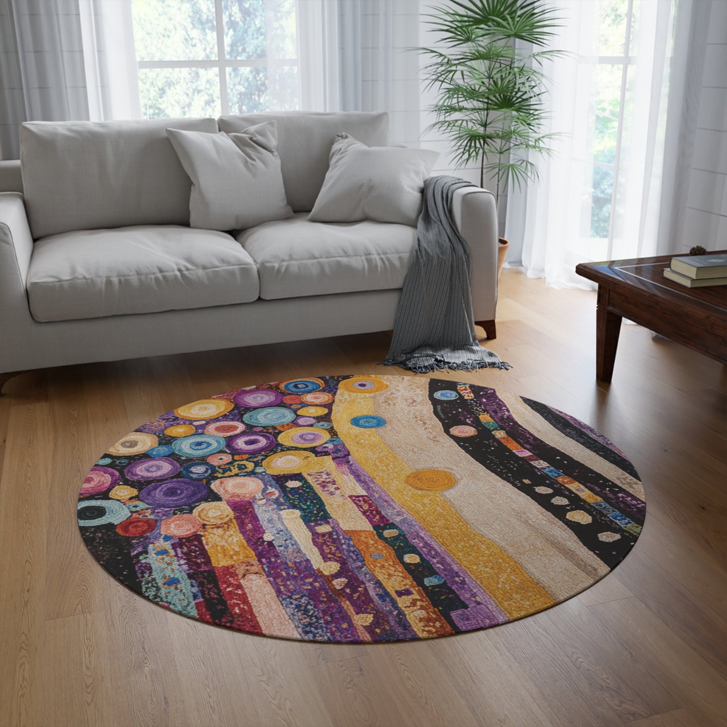 Gustav Klimt Inspired Round Area Rug, Funky, Colorful & Unique Area Rugs, Unique 60" Round Rug, Woodland Forest Rug