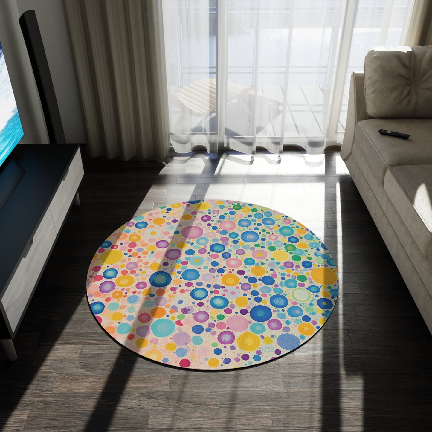 Retro Polka Dot Round Area Rug, Funky, Colorful Cool Unique Area Rugs, Unique 60" Round Rug, Custom Print Available