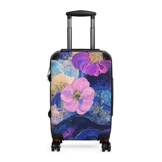 Tropical Floral Purple Suitcase, Bright and Colorful Designer Luggage for Airport, Rolling Weekender Travel Bag Gift for Flight Attendant