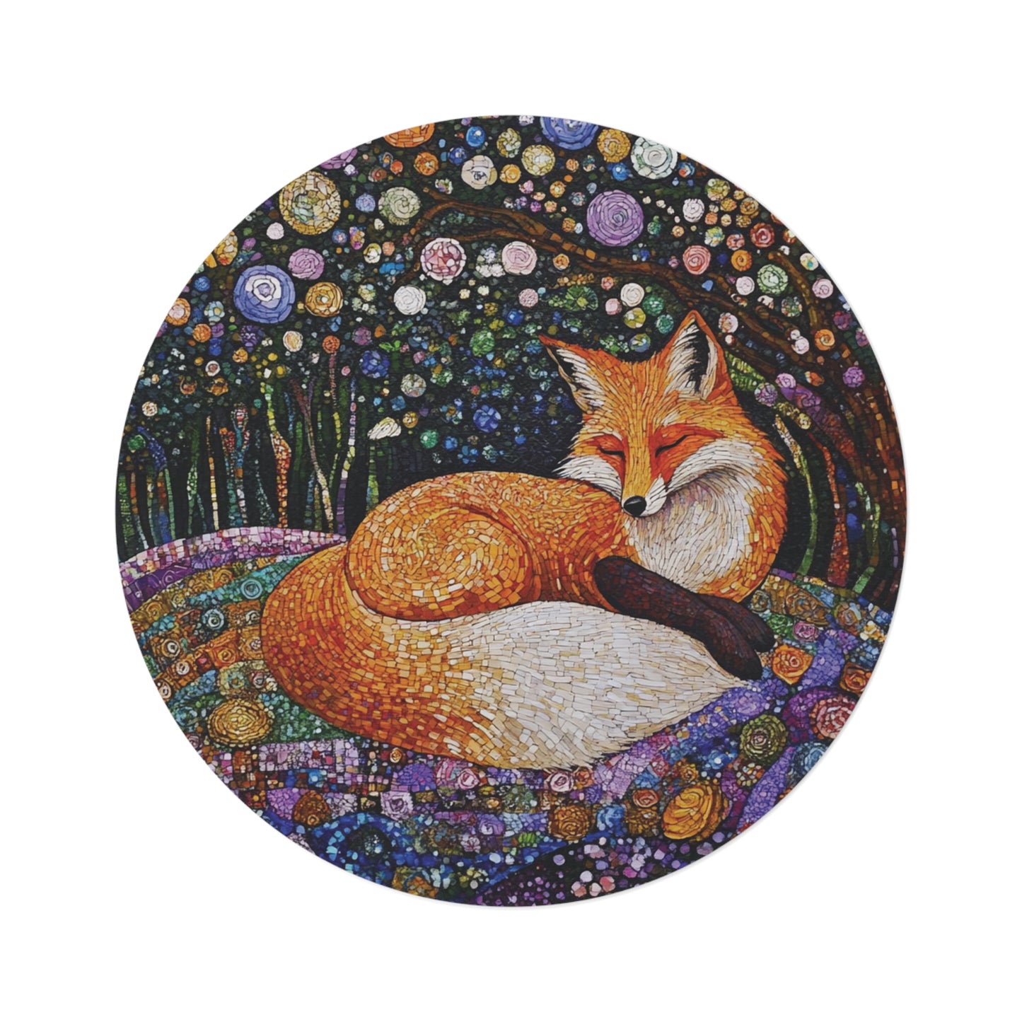 Gustav Klimt Inspired Round Fox Area Rug, Funky, Colorful & Unique Area Rugs, Unique 60" Round Rug, Woodland Animal Forest Rug