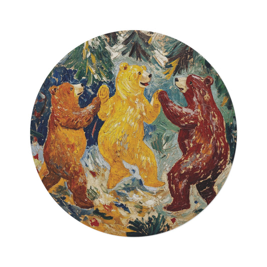 Round Dancing Bears Area Rug, Funky, Colorful & Unique Area Rugs, Unique 60" Round Rug, Woodland Animal Forest Rug, Woodland Nursery Rug