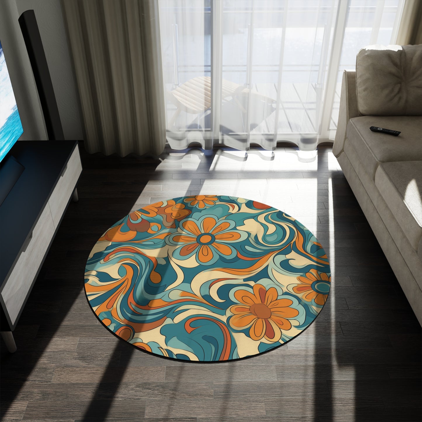 Retro Floral Botanical Round Area Rug, Funky, Colorful Cool Unique Area Rugs, Unique 60" Round Rug, Custom Print Available