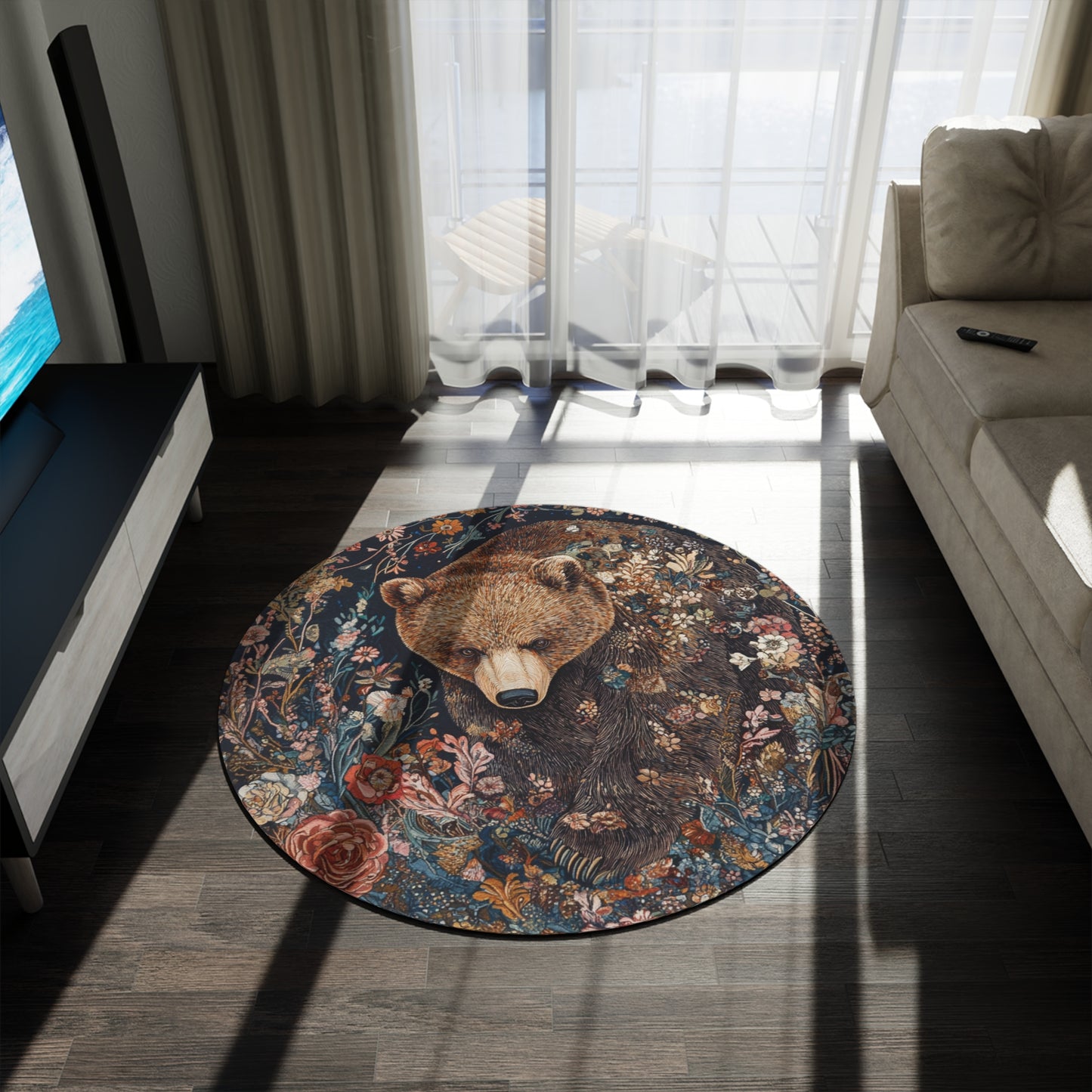 Gustav Klimt Inspired Round Bear Area Rug, Funky, Colorful & Unique Area Rugs, Unique 60" Round Rug, Woodland Animal Forest Rug