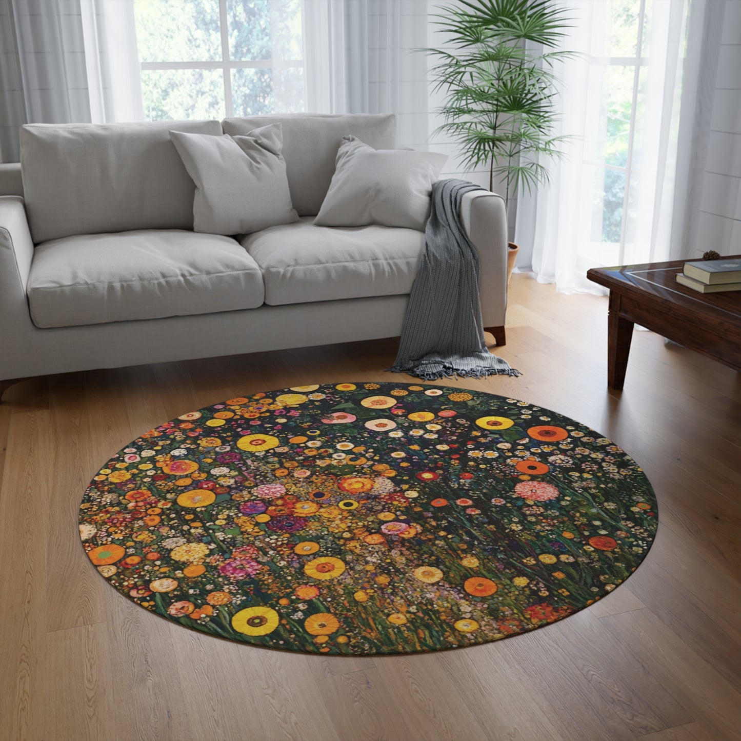 Gustav Klimt Inspired Round Area Rug, Funky, Colorful & Unique Area Rugs, Unique 60" Round Rug, Woodland Forest Rug