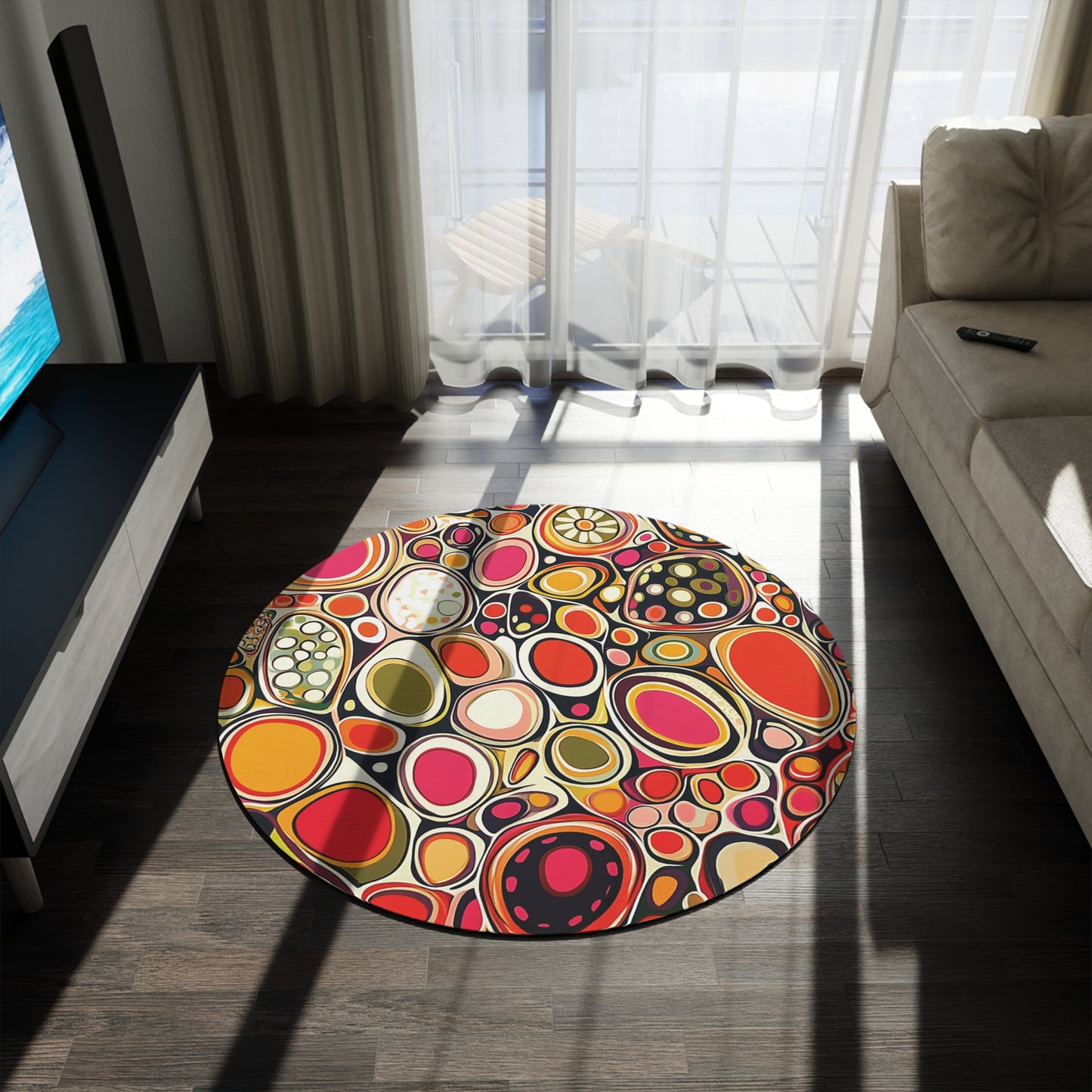 Retro Round Area Rug, Funky, Colorful Cool Unique Area Rugs, Unique 60" Round Rug, Custom Print Available