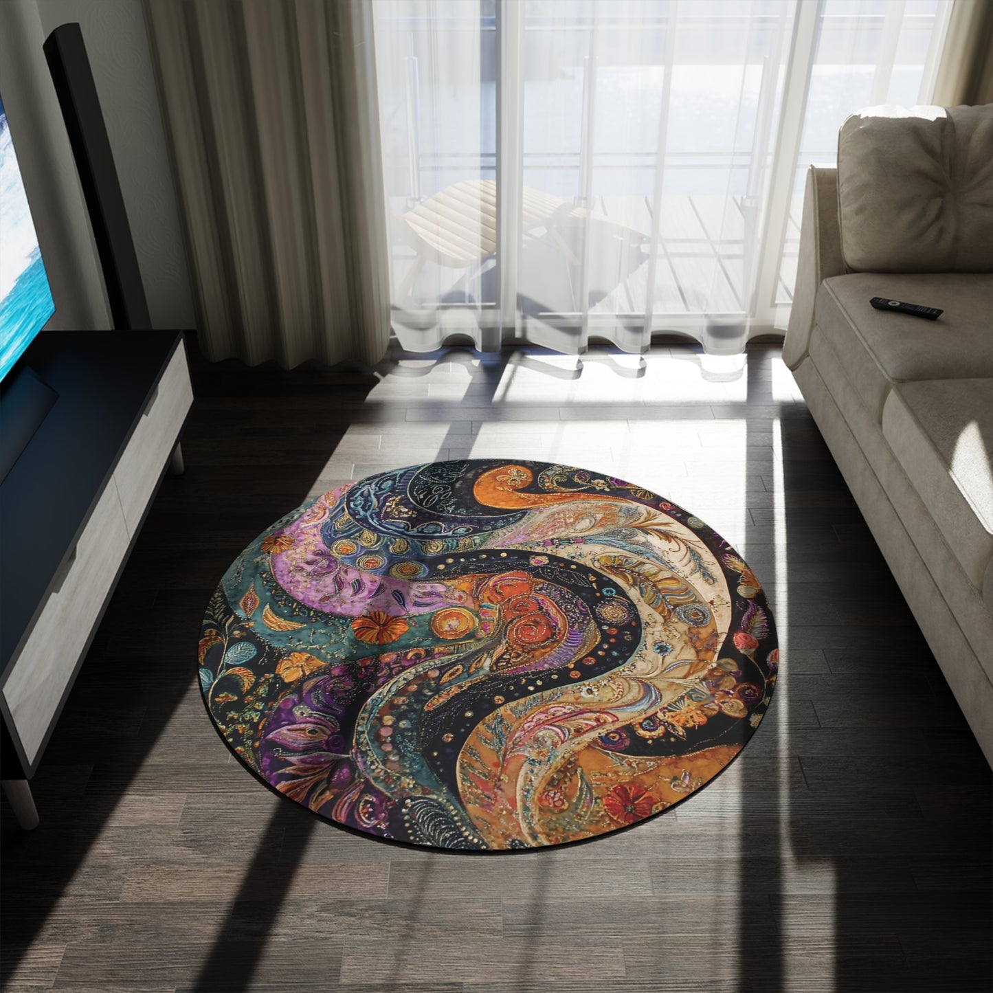 Retro Gustav Klimt Inspired Round Paisley Area Rug, Funky, Colorful & Unique Area Rugs, Unique 60" Round Rug, Woodland Forest Rug