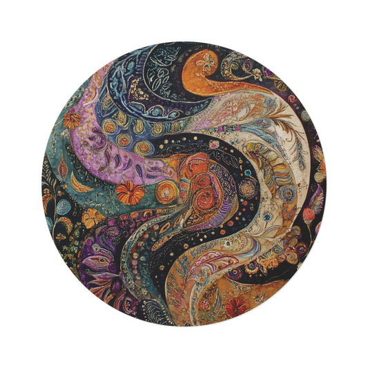 Retro Gustav Klimt Inspired Round Paisley Area Rug, Funky, Colorful & Unique Area Rugs, Unique 60" Round Rug, Woodland Forest Rug