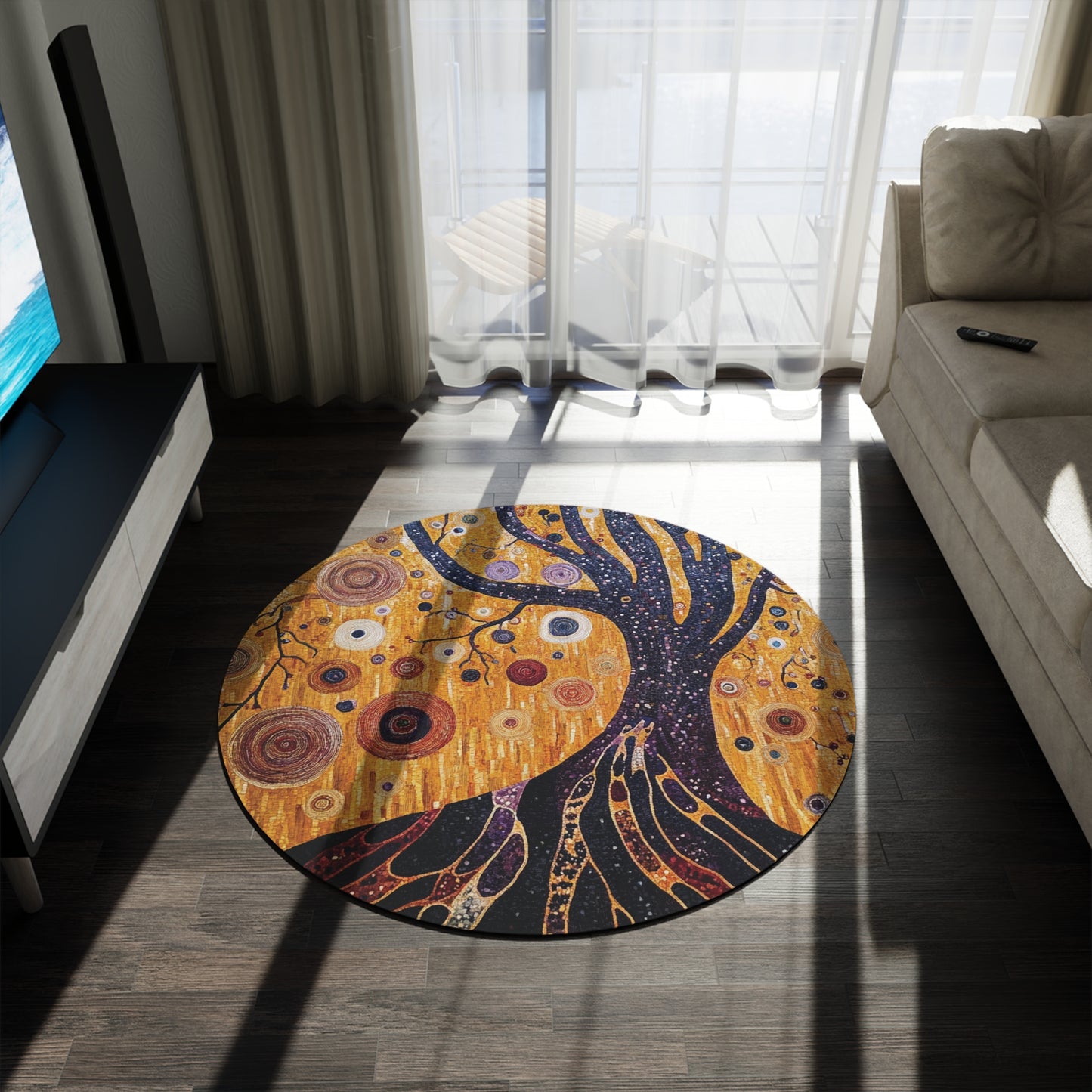 Gustav Klimt Inspired Round Area Rug, Funky, Colorful & Unique Area Rugs, Unique 60" Round Rug, Woodland Forest Rug