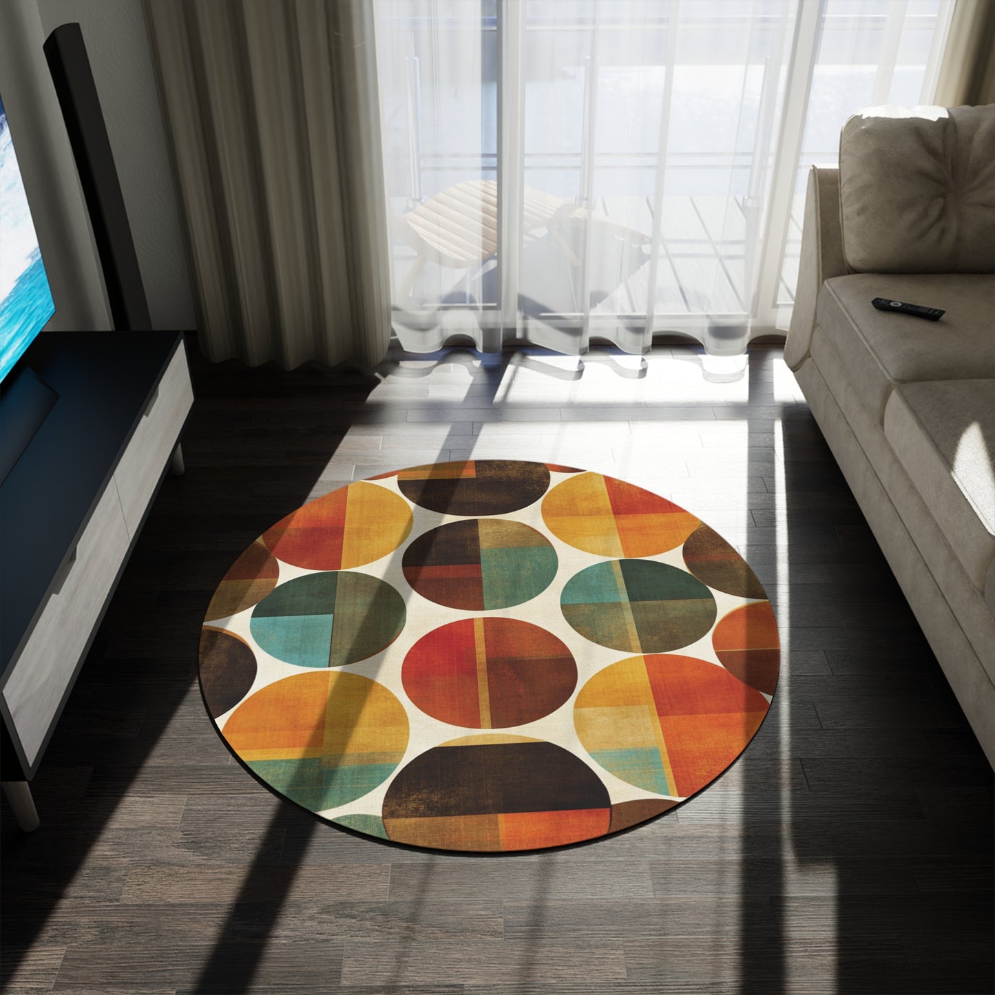 Retro Round Area Rug, Funky, Colorful Cool Unique Area Rugs, Unique 60" Round Rug, Custom Print Available