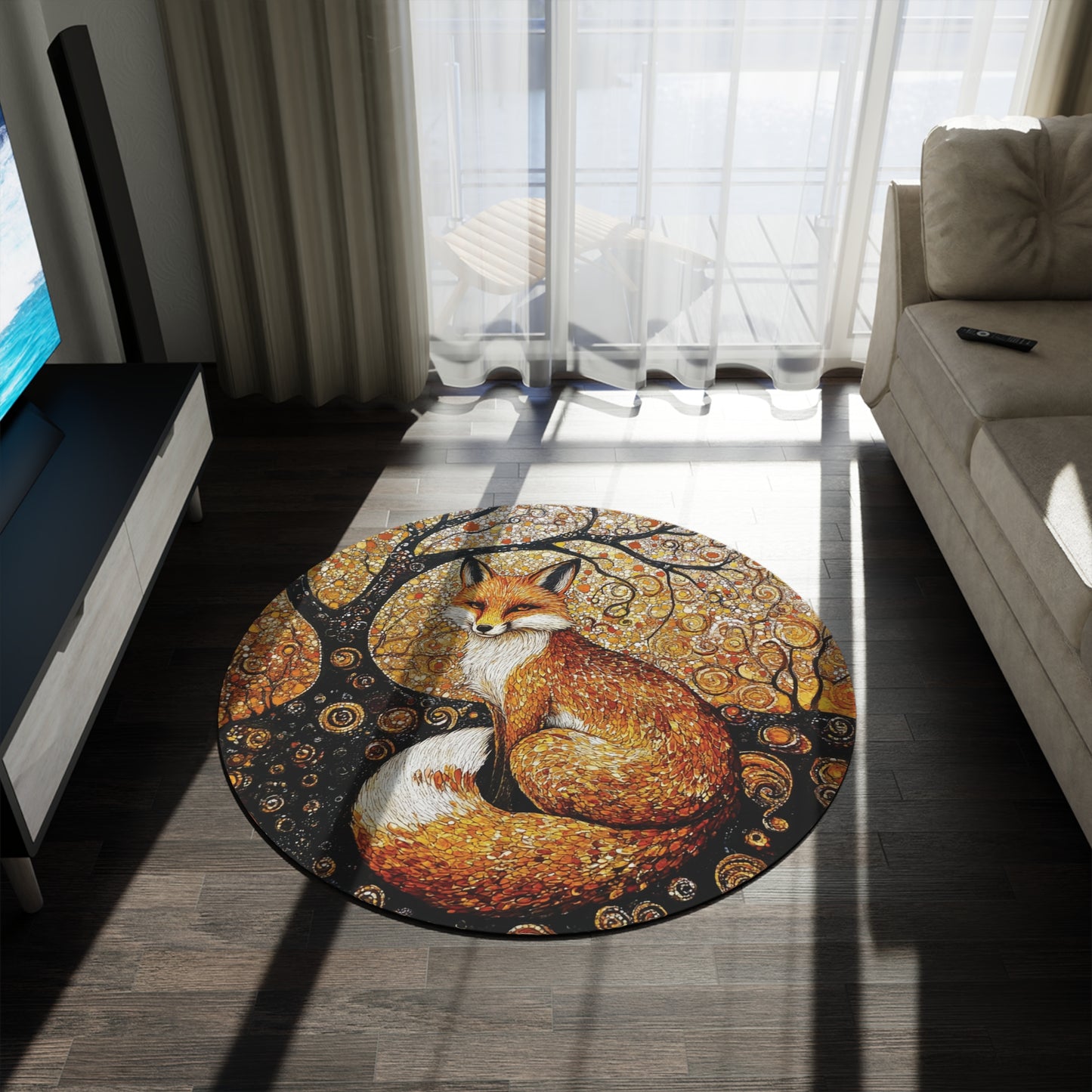 Gustav Klimt Inspired Round Fox Area Rug, Funky, Colorful & Unique Area Rugs, Unique 60" Round Rug, Woodland Animal Forest Rug