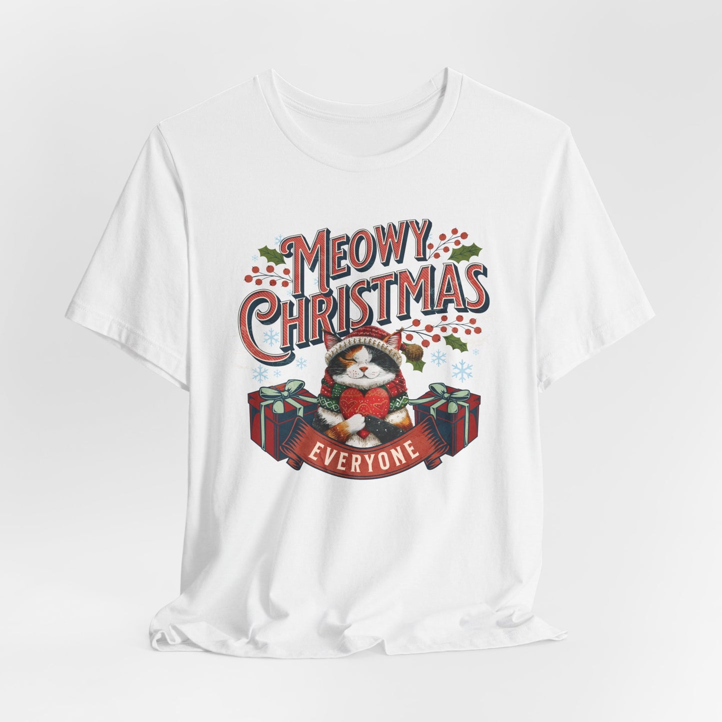 Meowy Christmas Cat Unisex Jersey Short Sleeve Tee, Cat Themed Gifts, Funny Cat Shirt, Calico Cat T-Shirt, Cat Mom Tee, Calico Cat Gifts