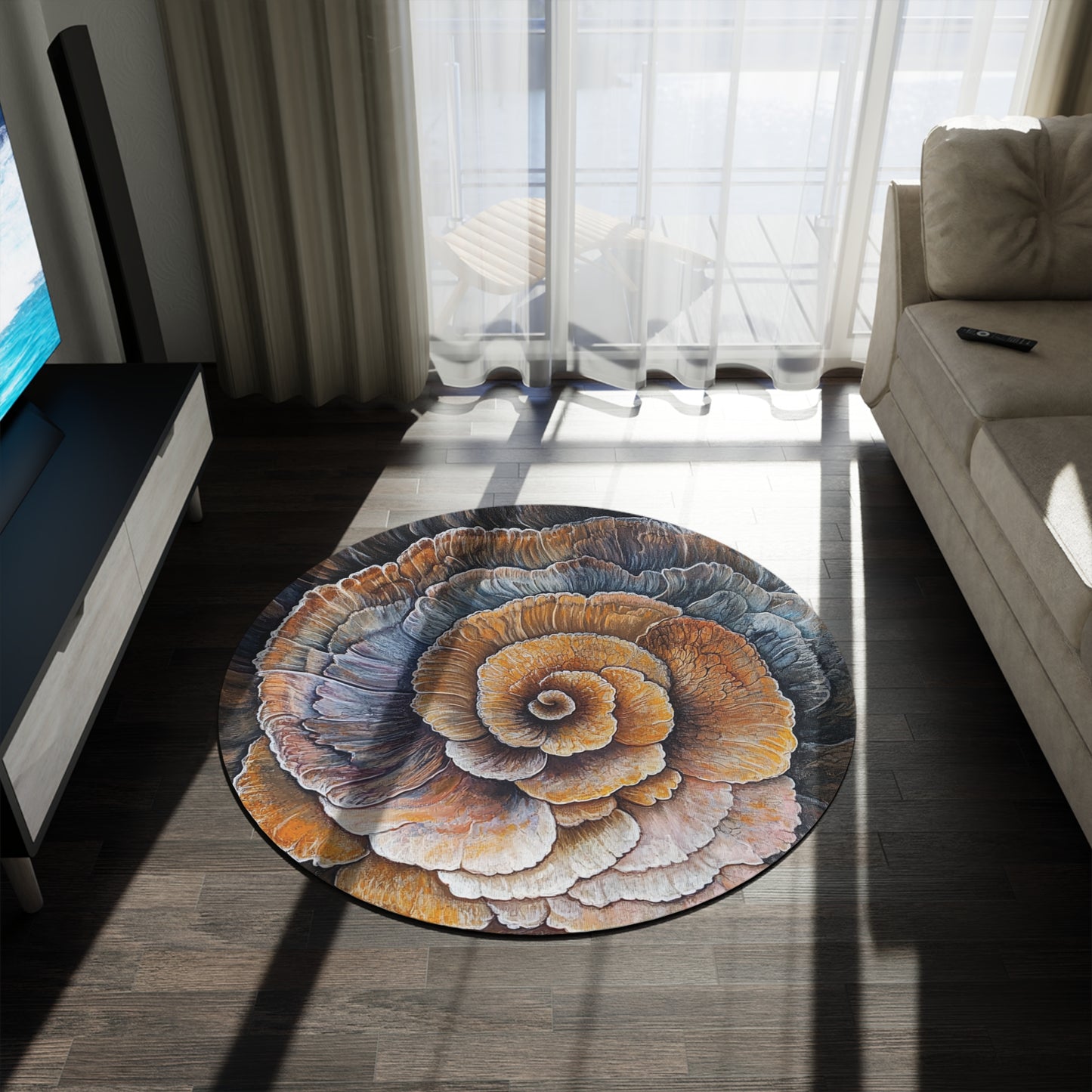 Round Turkey Tail Mushroom Area Rug, Funky & Unique Fairycore Area Rugs, Unique 60" Round Rug, Custom Print Available
