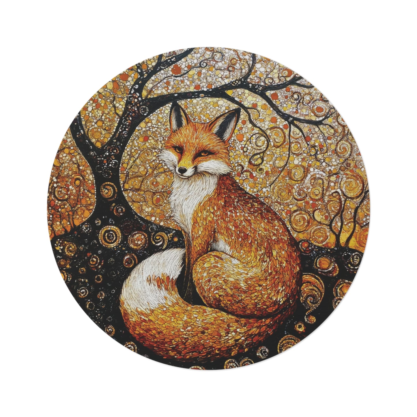 Gustav Klimt Inspired Round Fox Area Rug, Funky, Colorful & Unique Area Rugs, Unique 60" Round Rug, Woodland Animal Forest Rug