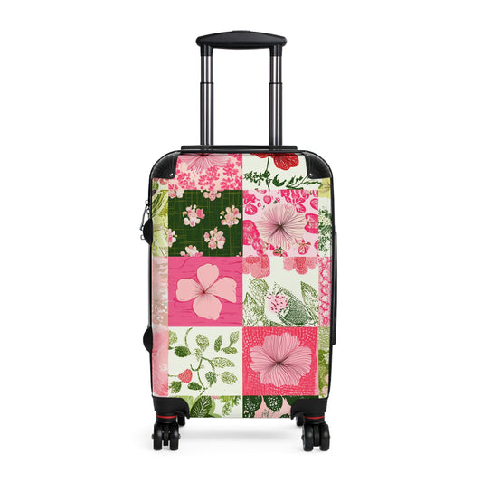 Tropical Floral Patchwork Suitcase, Bright and Colorful Designer Luggage for Airport, Rolling Weekender Travel Bag Gift for Flight Attendant