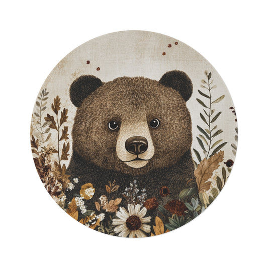 Round Bear Area Rug, Funky, Colorful & Unique Area Rugs, Unique 60" Round Rug, Woodland Animal Forest Rug, Woodland Nursery Rug