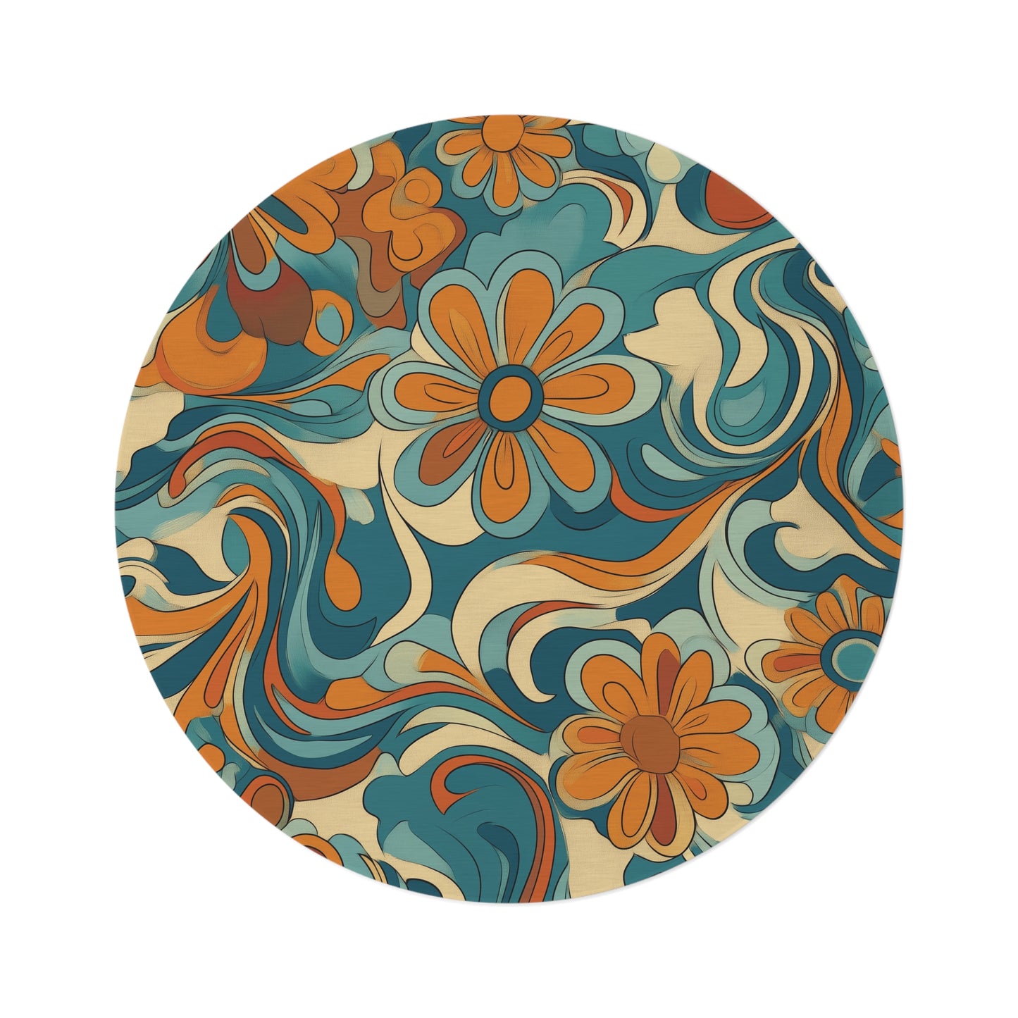 Retro Floral Botanical Round Area Rug, Funky, Colorful Cool Unique Area Rugs, Unique 60" Round Rug, Custom Print Available