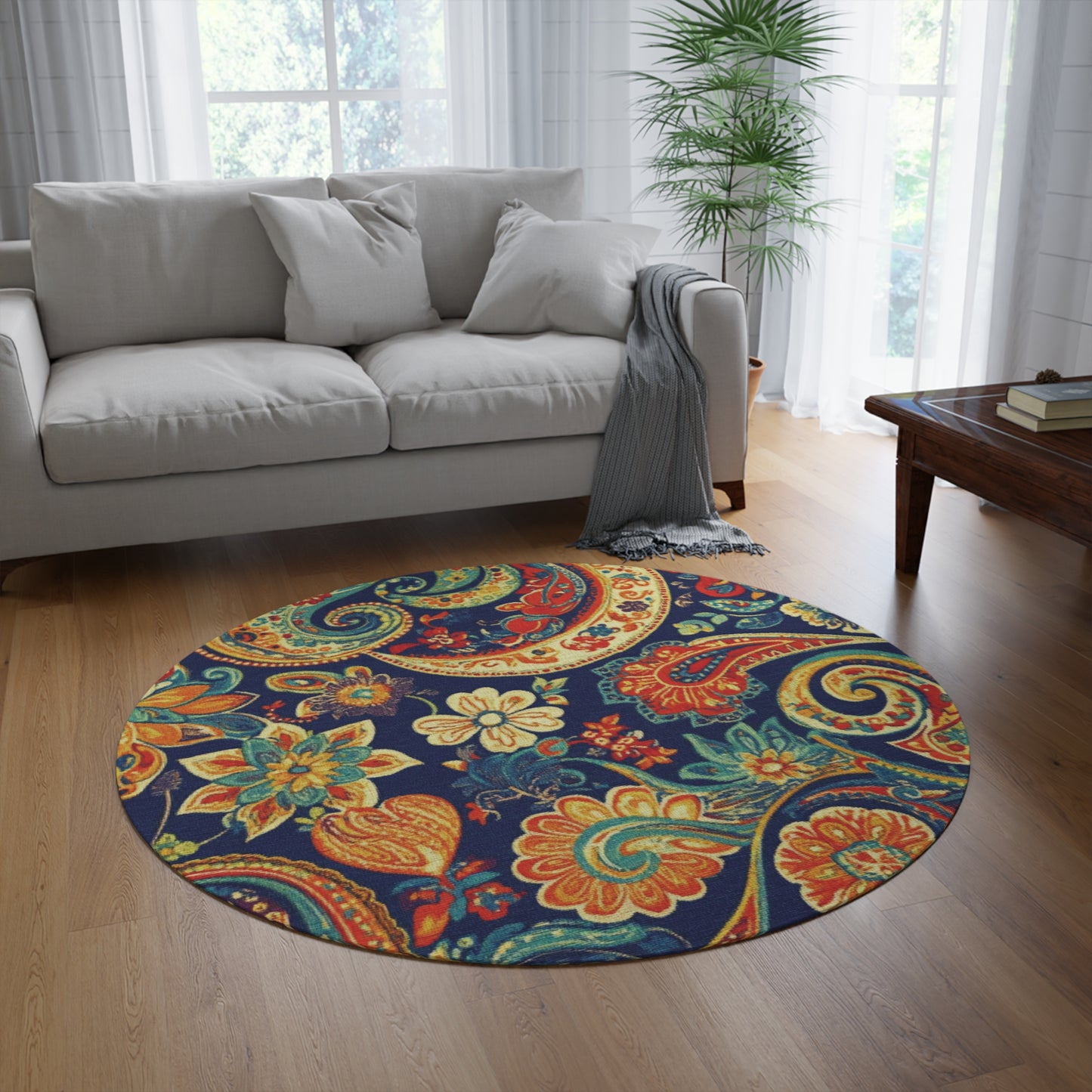 Retro Gustav Klimt Inspired Round Paisley Area Rug, Funky, Colorful & Unique Area Rugs, Unique 60" Round Rug, Woodland Forest Rug