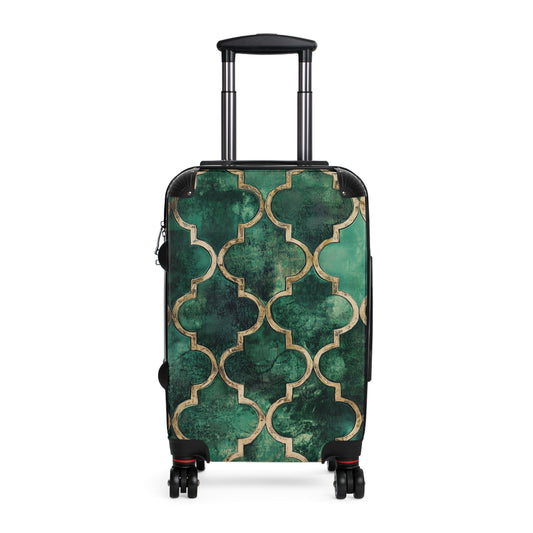 Green and Gold Moroccan Suitcase, Bright and Colorful Designer Luggage for Airport, Rolling Weekender Travel Bag Gift for Flight Attendant