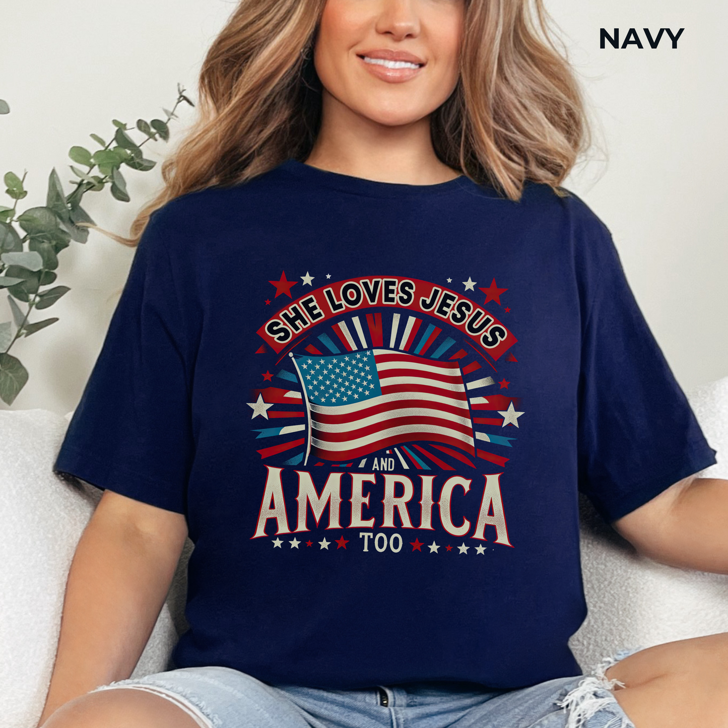 She Loves Jesus and America Too T-Shirt - Unisex Jersey Short Sleeve Tee, Christian Merch, Christian Streetwear, Faith Based Shirt, Jesus Apparel