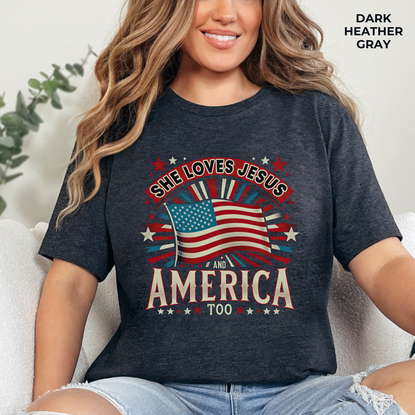 She Loves Jesus and America Too T-Shirt - Unisex Jersey Short Sleeve Tee, Christian Merch, Christian Streetwear, Faith Based Shirt, Jesus Apparel