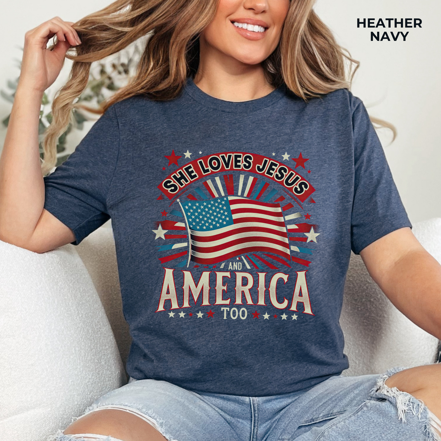 She Loves Jesus and America Too T-Shirt - Unisex Jersey Short Sleeve Tee, Christian Merch, Christian Streetwear, Faith Based Shirt, Jesus Apparel