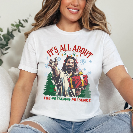 It's All About the Presence Unisex Jersey Short Sleeve Tee, Christian Merch, Jesus Loves You, Faith Based Shirt, Christian Apparel, Jesus Apparel