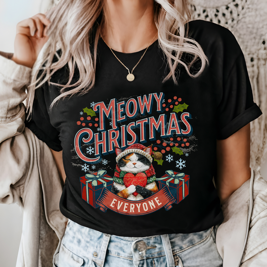 Meowy Christmas Cat Unisex Jersey Short Sleeve Tee, Cat Themed Gifts, Funny Cat Shirt, Calico Cat T-Shirt, Cat Mom Tee, Calico Cat Gifts