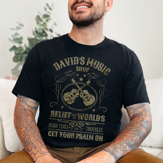 David's Music Shop T-Shirt - Unisex Jersey Short Sleeve Tee, Christian Merch, Christian Streetwear, Ministry Shirt, Faith Based Shirt, Jesus Apparel