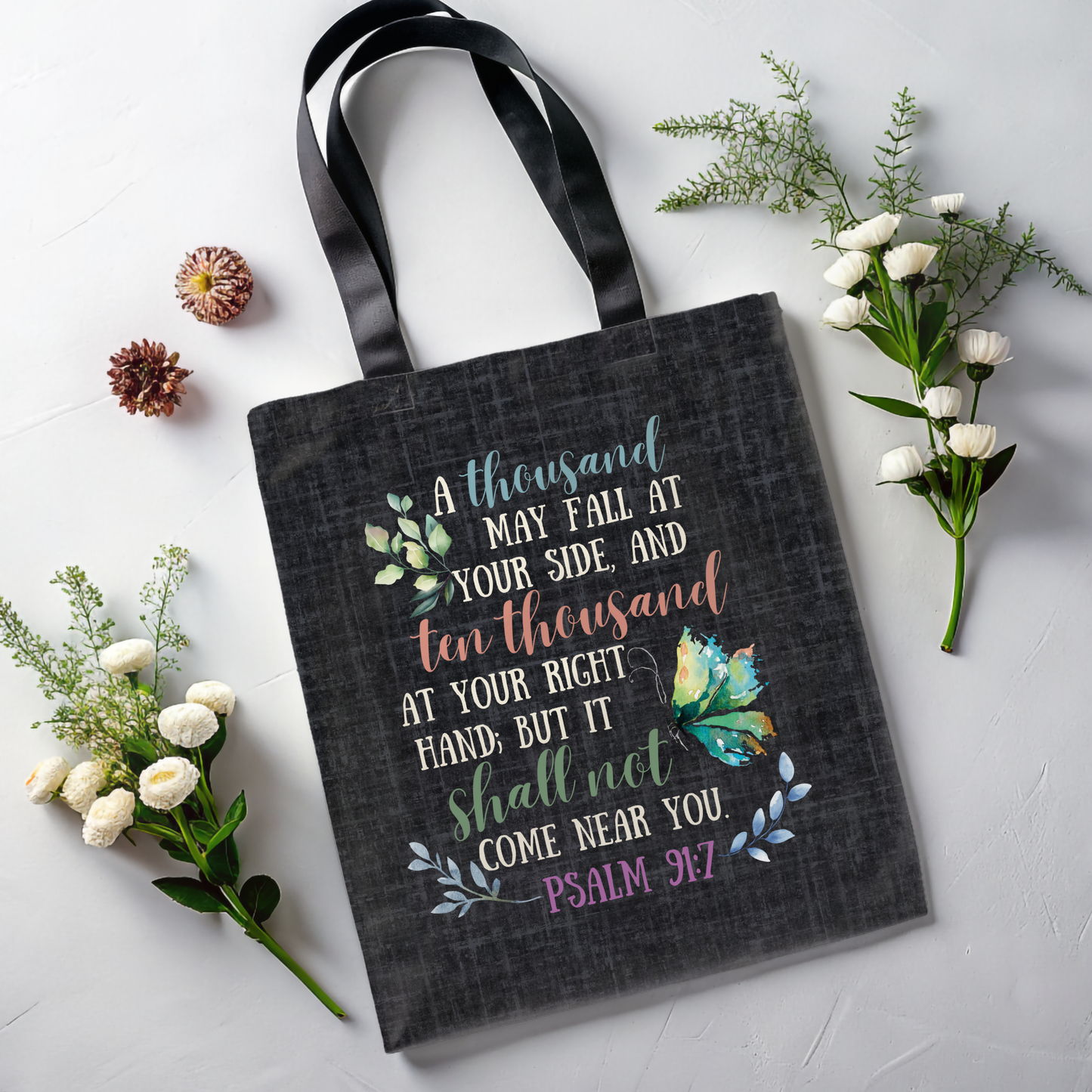 Psalm 91:7 Tote Bag, Christian Merch, Gifts of the Holy Spirit, Travel Bag, Bible Bag, , Book Bag, Getaway Bag, Secret Santa Gift, Gift for Church People