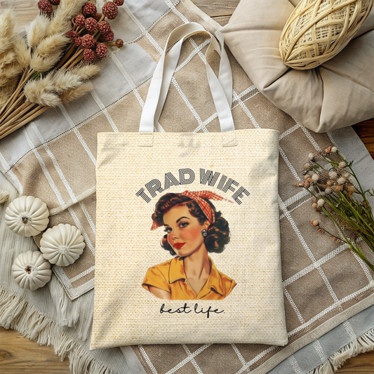 Trad Wife Tote Bag (AOP), Wifey Travel Bag, Wifely Gift, Vintage Housewife Overnight Bag, Trad Wife Accessories, Getaway Bag, Bible Bag, Book Bag, Beach Bag