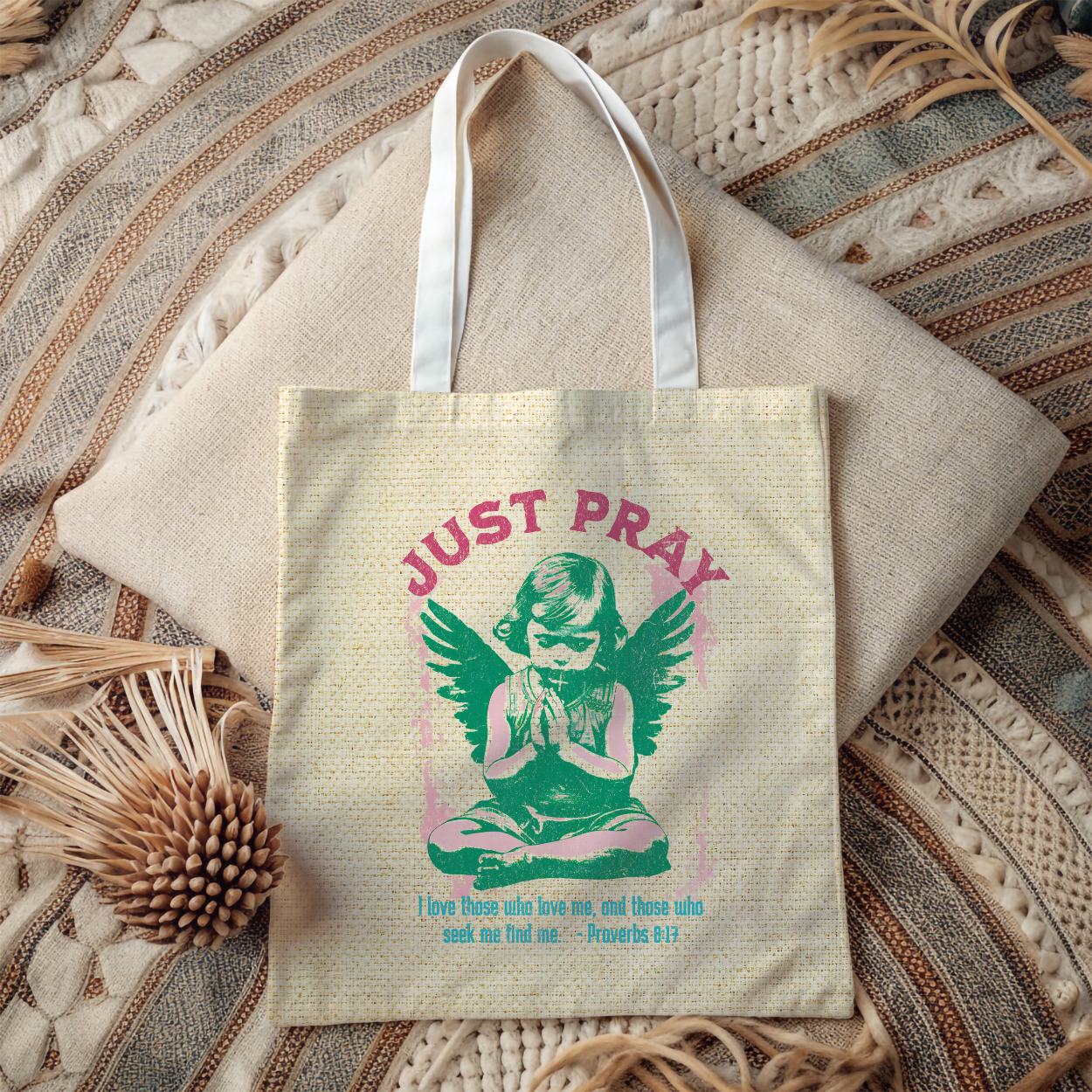 Just Pray Tote Bag, Christian Merch, Gifts of the Holy Spirit, Travel Bag, Bible Bag, Book Bag, Getaway Bag, Secret Santa Gift, Gift for Church People