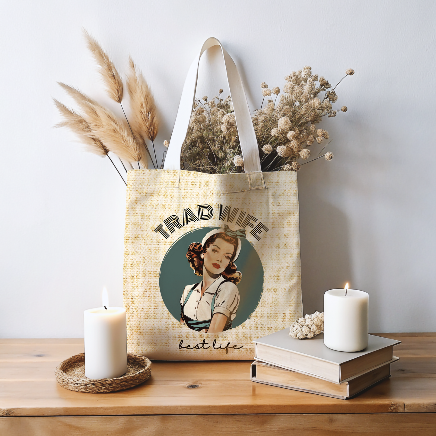 Trad Wife Tote Bag (AOP), Wifey Travel Bag, Wifely Gift, Vintage Housewife Overnight Bag, Trad Wife Accessories, Getaway Bag, Bible Bag, Book Bag, Beach Bag