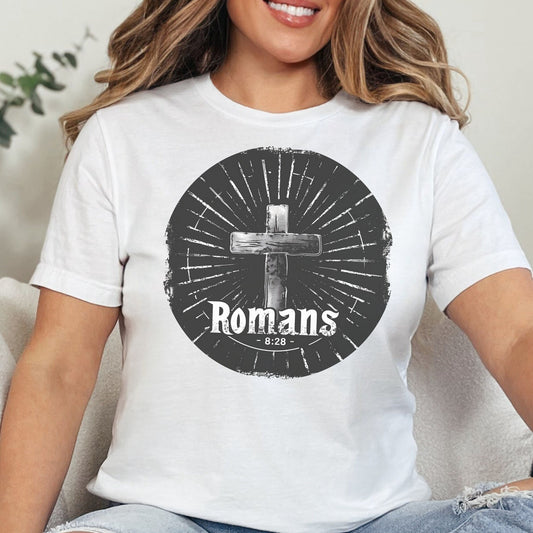 Romans 8:28, Unisex Jersey Short Sleeve Tee, Jesus Apparel, Christian Merch, Biblical Clothing, Bible Verse Tee, Christian Apparel, Biblical Shirts