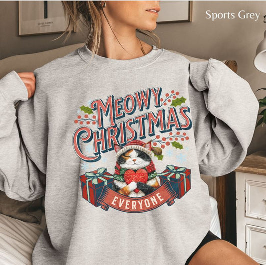 Meowy Christmas Cat Sweatshirt, Unisex Heavy Blend™ Crewneck, Cat Themed Gifts, Funny Cat Shirt, Calico Cat Sweater, Cat Mom Sweatshirt