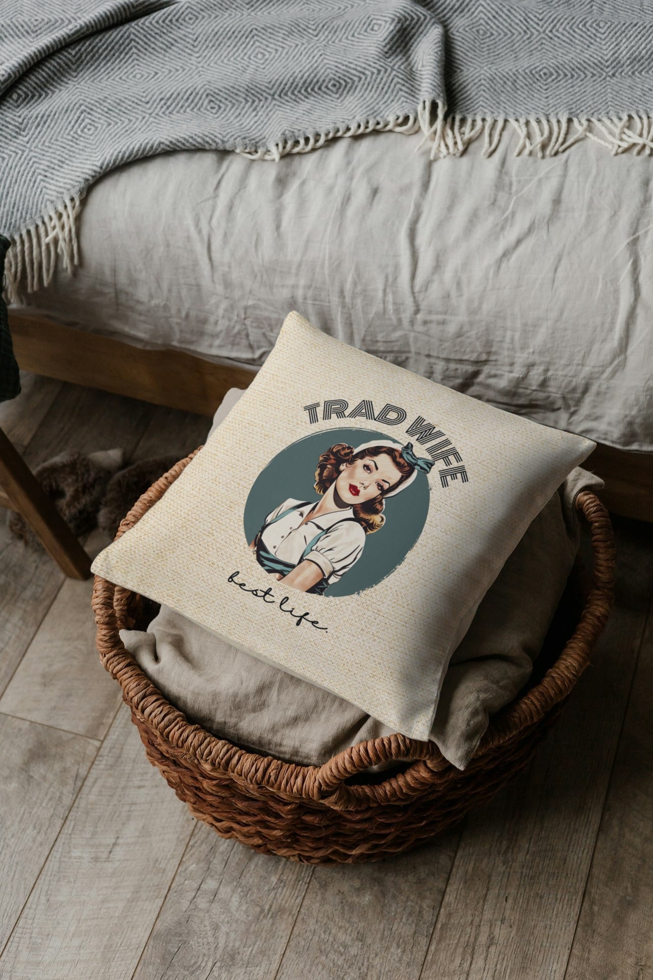 Trad Wife Spun Polyester Square Pillow, Trad Wife Accent Pillow, Fashion Pillows, Vintage Housewife Pillow Gift, Wifely Gift, 1950s Housewife