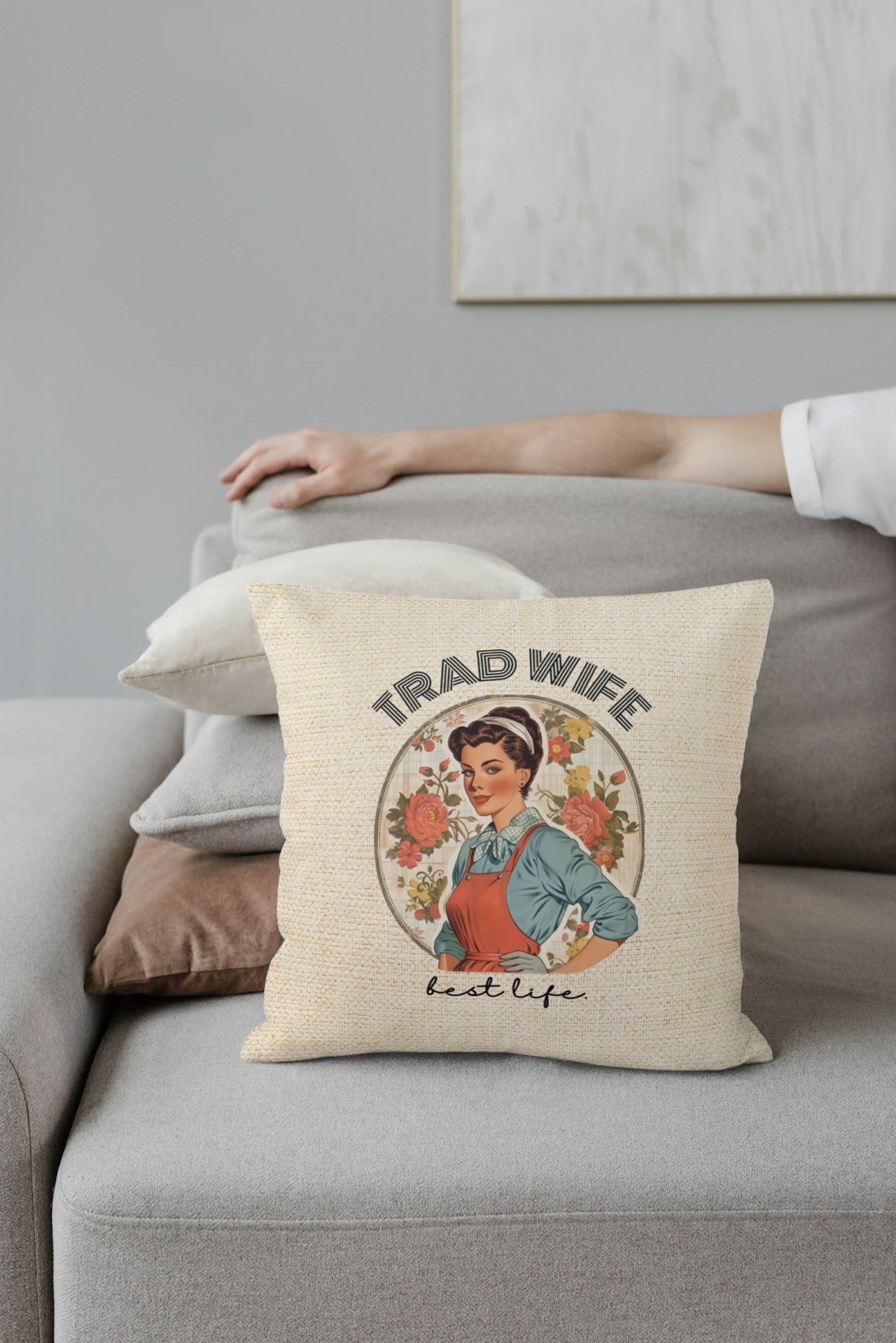 Trad Wife Spun Polyester Square Pillow, Trad Wife Accent Pillow, Fashion Pillows, Vintage Housewife Pillow Gift, Wifely Gift, 1950s Housewife